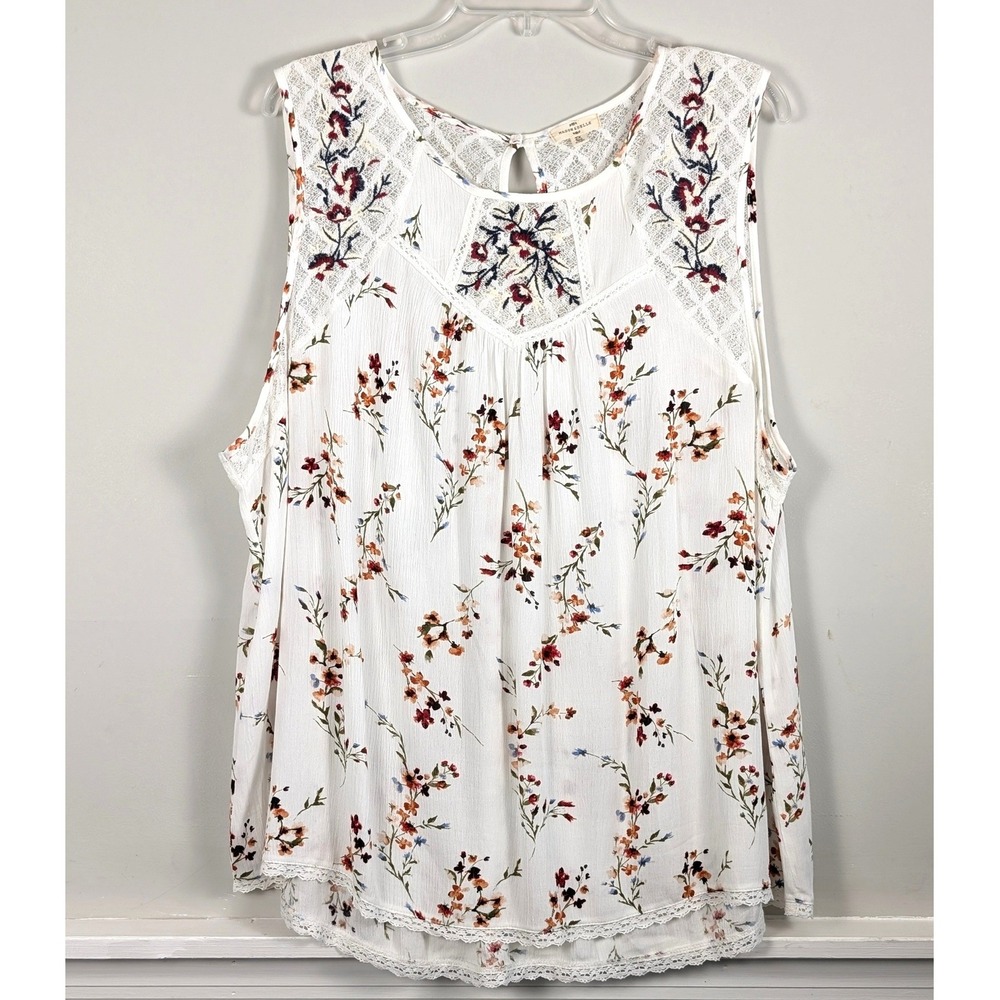 Mason & Belle White Red Floral Embroidered Lace Trim Sleeveless Boho Top 2X